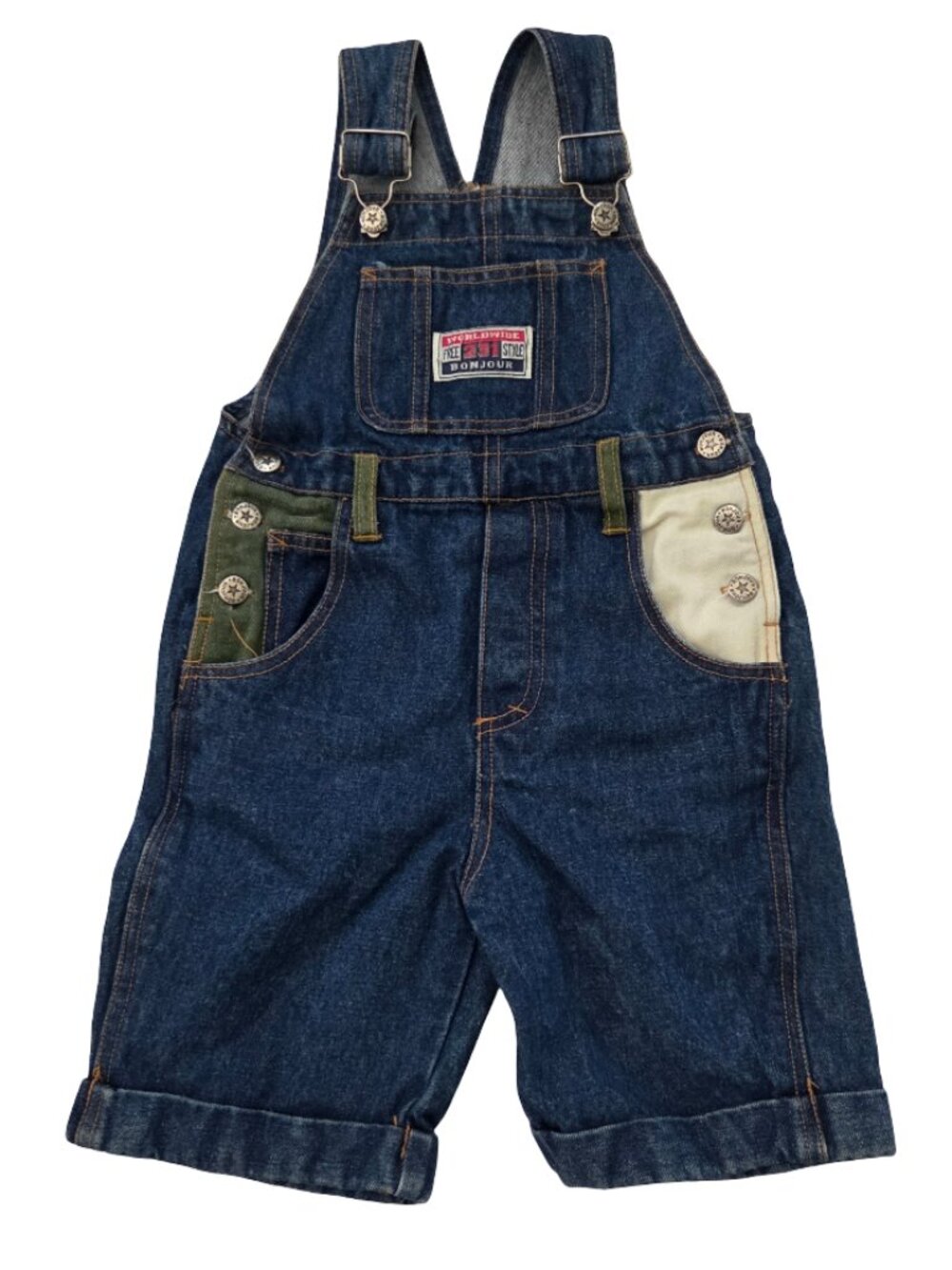Vintage Bonjour Kids Denim Overalls Size 4 Colorblock Y2K Retro Kids Romper